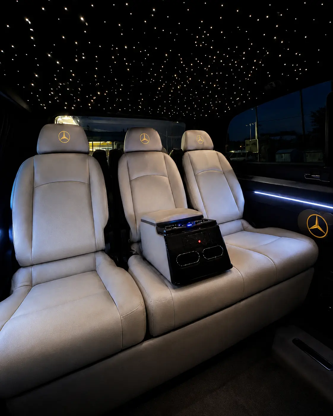 Starlight ceiling and ambient lighting inside the VIP van